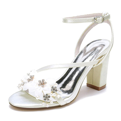 Chaussures de Soirée à Talon Épais et Bout Ouvert En Satin de Soie pour Femmes avec Bride à la Cheville et Fleur