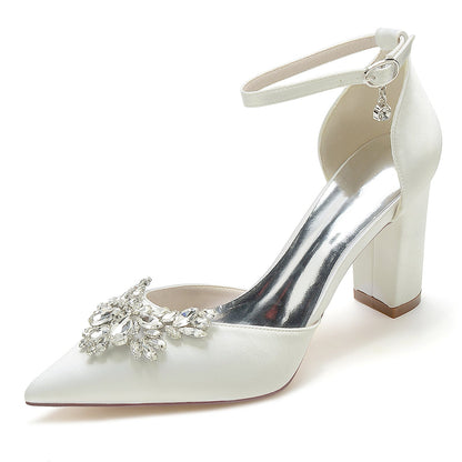 Chaussures de Mariage à Talon Épais et Bout Fermé En Satin de Soie avec Bride à la Cheville pour Femmes