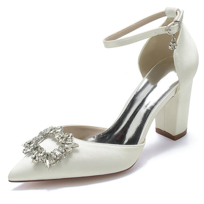 Chaussures de Mariage à Talon Épais et Bout Fermé En Satin de Soie pour Femmes avec Bride à la Cheville et Strass