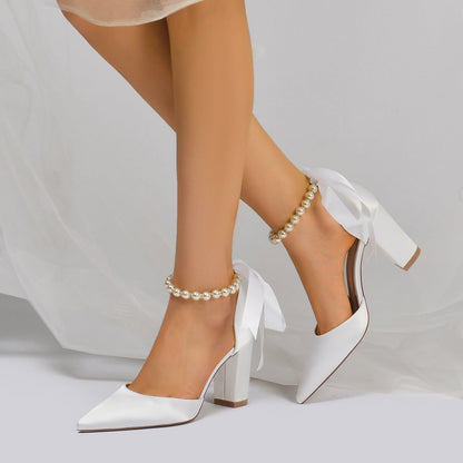 Chaussures de Mariage à Talon Épais et Bout Fermé En Satin de Soie pour Femmes avec Bride à la Cheville à Lacets et Perles