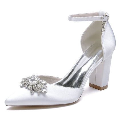 Chaussures de Soirée à Bout Fermé En Satin de Soie pour Femmes avec Bride à la Cheville et Talon Épais et Strass