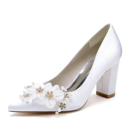 Chaussures de Mariage à Bout Fermé En Satin de Soie à Talon Épais pour Femmes avec Fleur