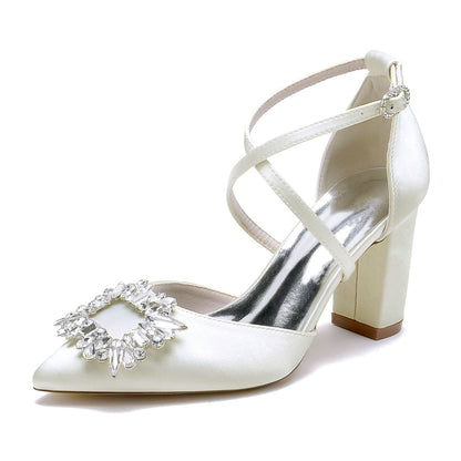 Chaussures de Mariage à Talon Épais et Bout Fermé En Satin de Soie pour Femmes avec Bride à la Cheville et Strass