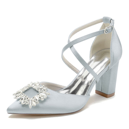 Chaussures de Mariage à Talon Épais et Bout Fermé En Satin de Soie pour Femmes avec Bride à la Cheville et Strass