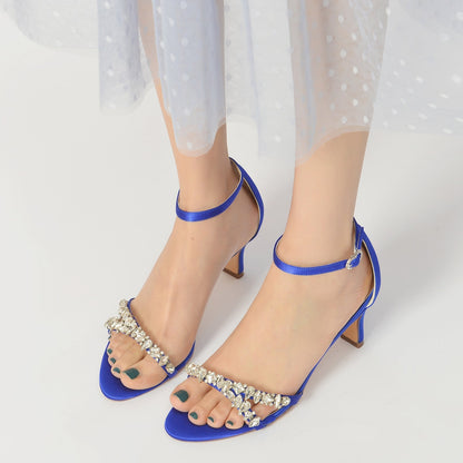 Chaussures de Soirée En Satin de Soie pour Femmes avec Bride à la Cheville et Talon Bobine à Bout Ouvert et Strass