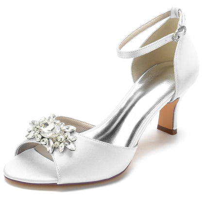 Chaussures de Soirée à Talon Bobine En Satin de Soie et Strass pour Femmes avec Bride à la Cheville et Bout Ouvert