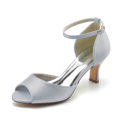 Chaussures de Mariage à Talon Bobine En Satin de Soie pour Femmes avec Bride à la Cheville et Bout Ouvert