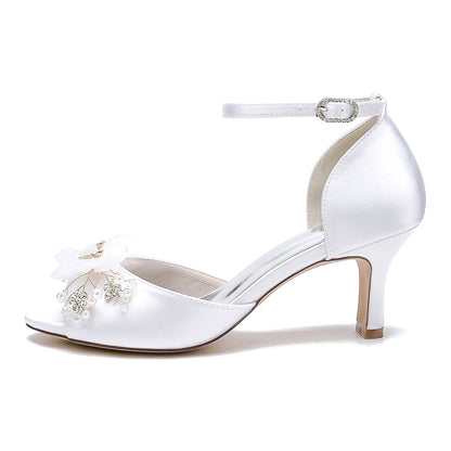 Chaussures de Mariage à Talon Aiguille et Bout Ouvert En Satin de Soie pour Femmes avec Bride à la Cheville et Fleur