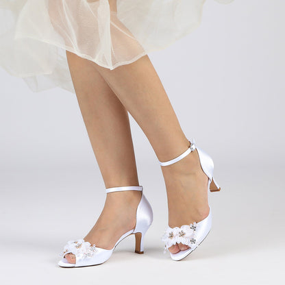 Chaussures de Mariage à Talon Aiguille et Bout Ouvert En Satin de Soie pour Femmes avec Bride à la Cheville et Fleur