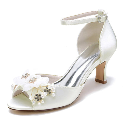 Chaussures de Mariage à Talon Aiguille et Bout Ouvert En Satin de Soie pour Femmes avec Bride à la Cheville et Fleur