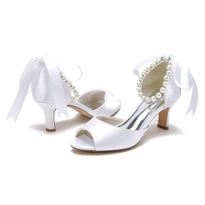 Chaussures de Soirée à Talons Aiguilles et Bout Ouvert En Satin de Soie pour Femmes avec Bride à la Cheville et Lacets