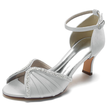 Chaussures de Mariage à Talon Bobine En Satin de Soie avec Bride à la Cheville et Strass pour Femmes