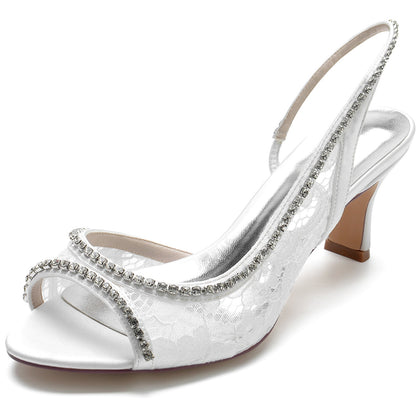 Chaussures de Mariage à Talon Bobine En Satin de Soie avec Dentelle et Strass pour Femmes