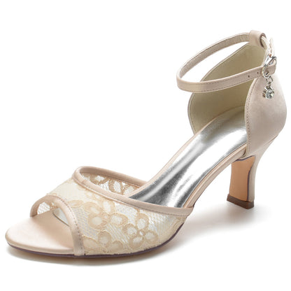 Chaussures de Soirée à Talon Bobine En Satin de Soie pour Femmes avec Bride à la Cheville et Dentelle à Bout Ouvert