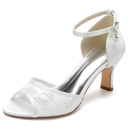 Chaussures de Soirée à Talon Bobine En Satin de Soie pour Femmes avec Bride à la Cheville et Dentelle à Bout Ouvert