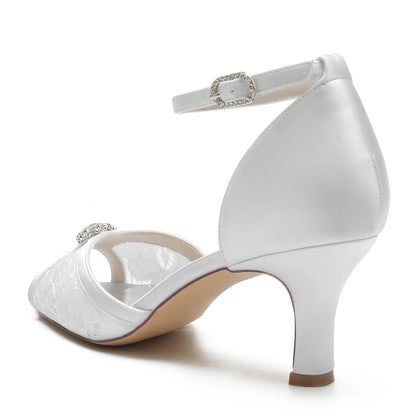 Chaussures de Soirée à Talon Bobine En Dentelle et Satin de Soie pour Femmes avec Bride à la Cheville et Strass