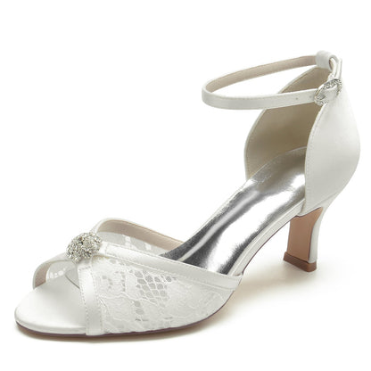 Chaussures de Soirée à Talon Bobine En Dentelle et Satin de Soie pour Femmes avec Bride à la Cheville et Strass