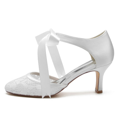 Chaussures de Mariage à Talon Bobine En Satin de Soie et Dentelle pour Femmes avec Bride à la Cheville et Bout Fermé