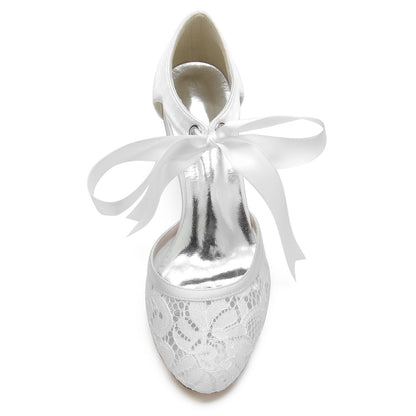 Chaussures de Mariage à Talon Bobine En Satin de Soie et Dentelle pour Femmes avec Bride à la Cheville et Bout Fermé