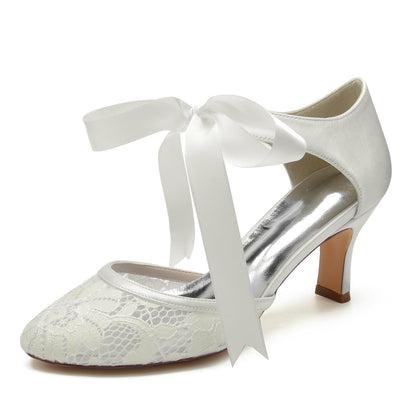 Chaussures de Mariage à Talon Bobine En Satin de Soie et Dentelle pour Femmes avec Bride à la Cheville et Bout Fermé