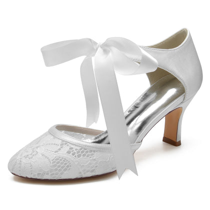 Chaussures de Mariage à Talon Bobine En Satin de Soie et Dentelle pour Femmes avec Bride à la Cheville et Bout Fermé