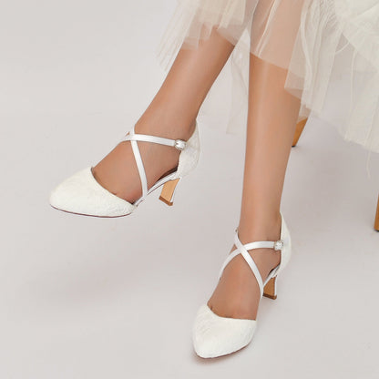 Chaussures de Mariage à Talon Bobine et Bout Fermé En Dentelle avec Bride à la Cheville pour Femmes