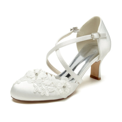 Chaussures de Mariage à Talon Bobine En Satin de Soie pour Femmes avec Bride à la Cheville et Bout Fermé