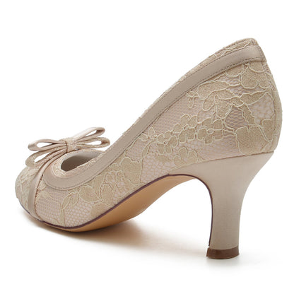 Chaussures de Mariage à Bout Fermé En Satin de Soie et Dentelle pour Femmes avec Nœud Papillon