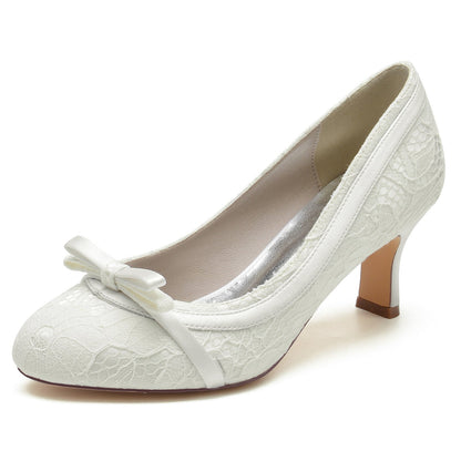 Chaussures de Mariage à Bout Fermé En Satin de Soie et Dentelle pour Femmes avec Nœud Papillon