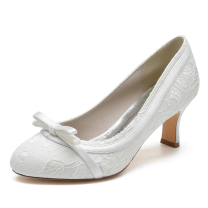 Chaussures de Mariage à Bout Fermé En Satin de Soie et Dentelle pour Femmes avec Nœud Papillon