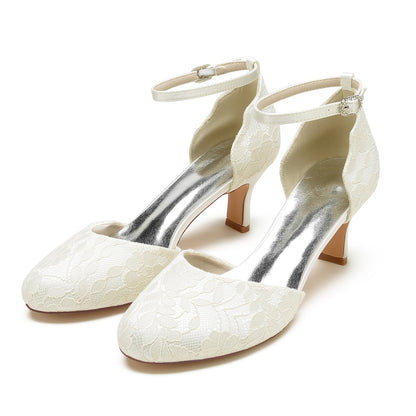 Chaussures de Mariage En Satin de Soie et Dentelle pour Femmes avec Bride à la Cheville et Bout Fermé