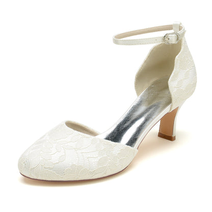 Chaussures de Mariage En Satin de Soie et Dentelle pour Femmes avec Bride à la Cheville et Bout Fermé