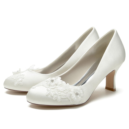 Chaussures de Soirée à Talon Bobine et Bout Fermé En Satin de Soie pour Femmes avec Fleur