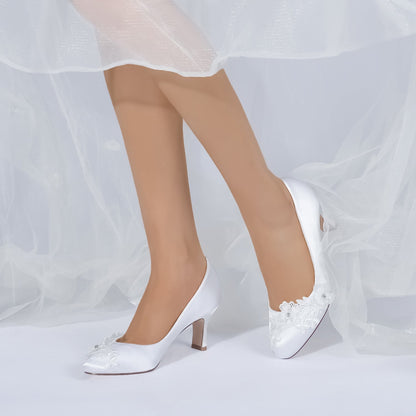 Chaussures de Soirée à Talon Bobine et Bout Fermé En Satin de Soie pour Femmes avec Fleur