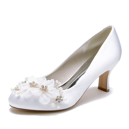 Chaussures de Mariage à Talon Bobine En Satin de Soie et Fleur pour Femmes