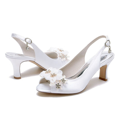 Chaussures de Soirée à Talon Bobine En Satin de Soie avec Fleur pour Femmes