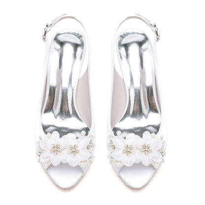 Chaussures de Soirée à Talon Bobine En Satin de Soie avec Fleur pour Femmes