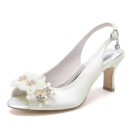 Chaussures de Soirée à Talon Bobine En Satin de Soie avec Fleur pour Femmes