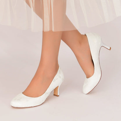 Chaussures de Soirée à Talon Bobine En Satin de Soie et Dentelle pour Femmes