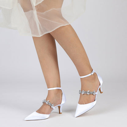 Chaussures de Mariage à Talon Aiguille et Bout Fermé En Satin de Soie et Strass pour Femmes