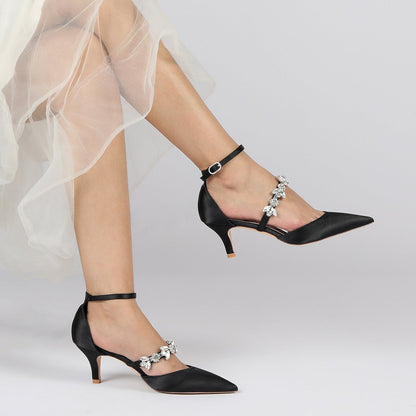 Chaussures de Mariage à Talon Aiguille et Bout Fermé En Satin de Soie et Strass pour Femmes