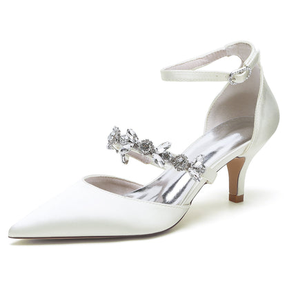 Chaussures de Mariage à Talon Aiguille et Bout Fermé En Satin de Soie et Strass pour Femmes