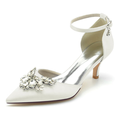 Chaussures de Mariage à Talon Aiguille et Bout Fermé En Satin de Soie pour Femmes avec Bride à la Cheville En Strass