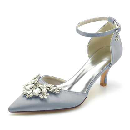 Chaussures de Mariage à Talon Aiguille et Bout Fermé En Satin de Soie pour Femmes avec Bride à la Cheville En Strass