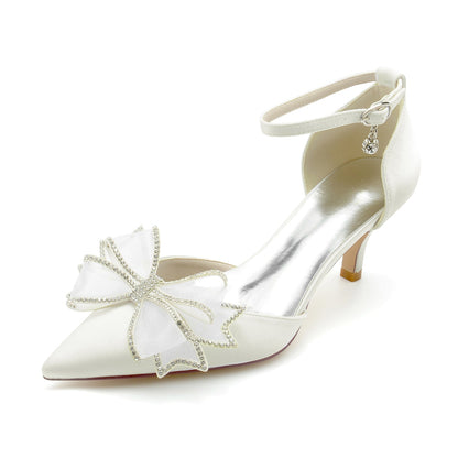 Chaussures de Mariage à Talon Aiguille et Bout Fermé En Satin de Soie pour Femmes avec Bride à la Cheville et Nœud Papillon