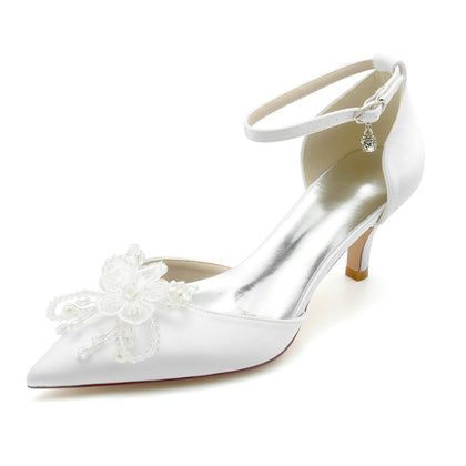 Chaussures de Mariage à Talon Aiguille et Bout Fermé En Satin de Soie pour Femmes avec Bride à la Cheville et Nœud Papillon et Strass