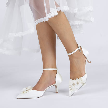 Chaussures de Soirée à Talon Aiguille et Bout Fermé En Satin de Soie pour Femmes avec Bride à la Cheville