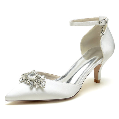 Chaussures de Mariage à Talon Aiguille En Satin de Soie pour Femmes avec Bride à la Cheville et Bout Fermé