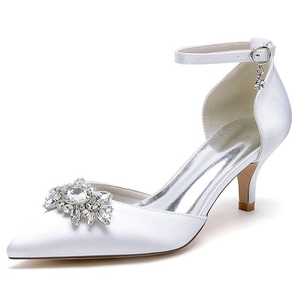 Chaussures de Mariage à Talon Aiguille En Satin de Soie pour Femmes avec Bride à la Cheville et Bout Fermé