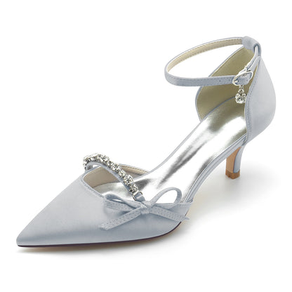 Chaussures de Soirée à Talon Aiguille et Bout Fermé En Satin de Soie pour Femmes avec Bride à la Cheville et Nœud Papillon et Strass